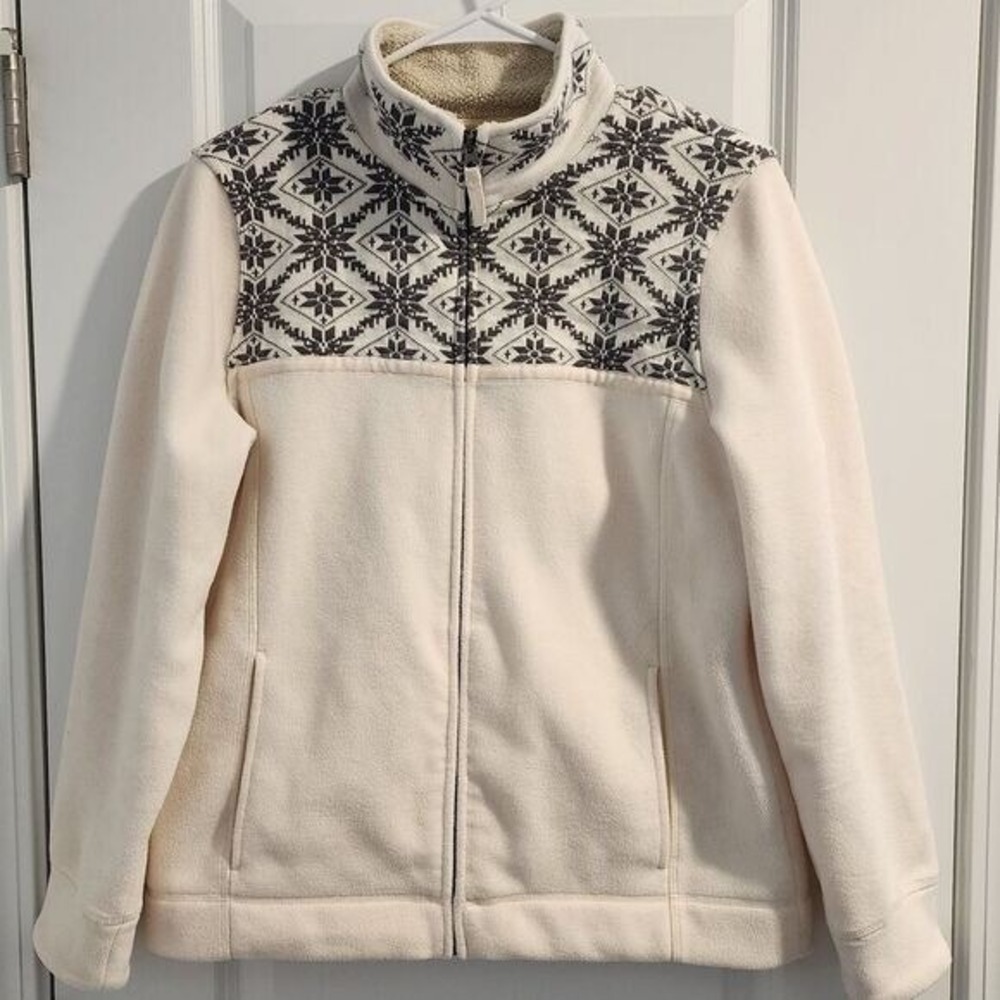 L.L. Bean Cream Fleece Jacket Fair Isle Print Women's Medium Full Zip